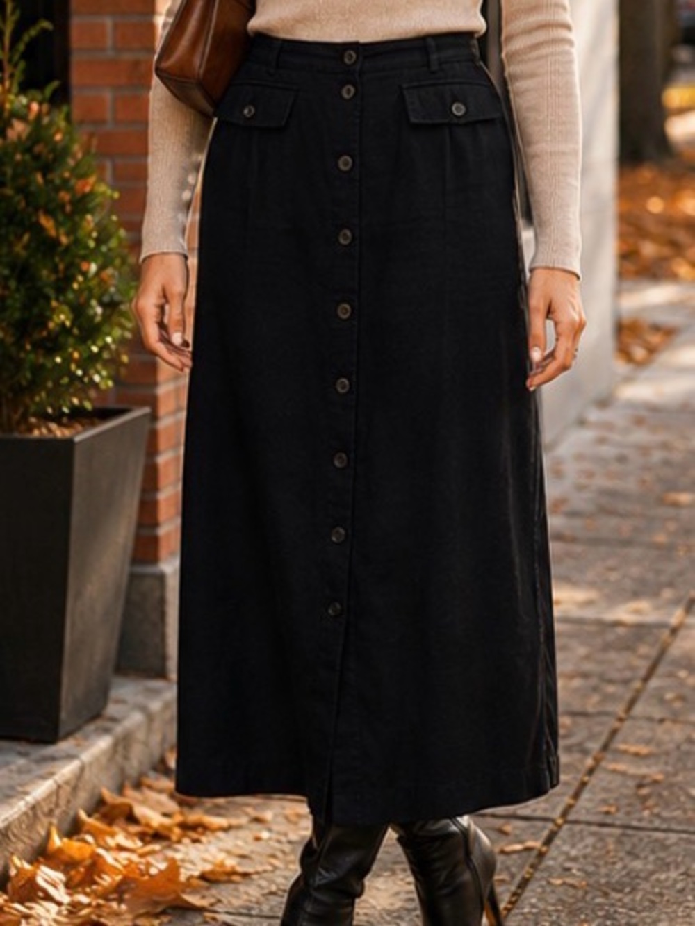 Vintage S.C. & Co. Black Linen Button Front Maxi Skirt Size 20 Made Canada
